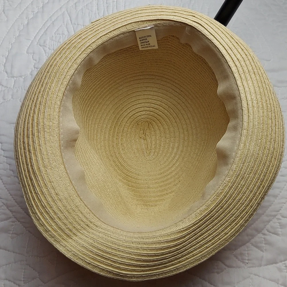 * Fedora Women's Summer Straw Hat Tan with Coral Multi Band, Like New